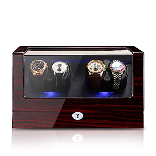 Watch Winder 4 + 0 Estuche de almacenamiento de lujo de madera para caja de enrollador de reloj automático para 4 relojes de pulsera, 5 modos de rotación y motor silencioso, luz ambiental LED, regalo Watch Winder 4 + 0 Estuche de almacenamiento de lujo de madera para caja de enrollador de reloj automático para 4 relojes de pulsera, 5 modos de rotación y motor silencioso, luz ambiental LED, regalo