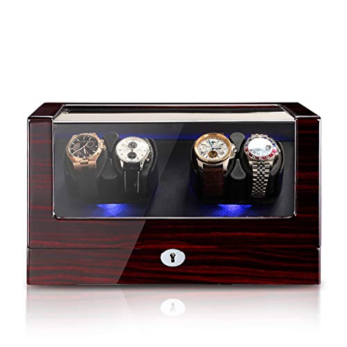 Watch Winder 4 + 0 Estuche de almacenamiento de lujo de madera para caja de enrollador de reloj automático para 4 relojes de pulsera, 5 modos de rotación y motor silencioso, luz ambiental LED, regalo