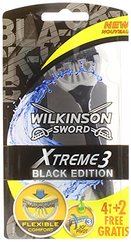 Wilkinson Xtreme 3 Black Edition - Maquinillas de Afeitar Desechables de 3 Hojas con Cabezal Flexible y Banda Lubricante con Aloe, Pack 4+2 Unidades