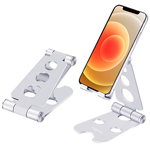 Ynigimy Teléfono Móvil Mesa, Soporte Dock Teléfono Ajustable Plegable de Escritorio, Compatible con iPad Pro, Air, Mini 2 3 4, iPhone 12 11 Pro X 8 7 6 , Switch, Samsung, Tablet y Smartphones-Plata