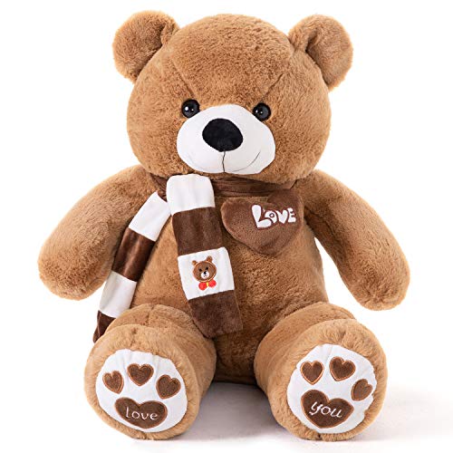 YunNasi Oso de Peluche Grande Animales de Peluche Juguetes Oso Suave con Bufanda Cojín de Felpa Teddy (Marrón Oscuro, 80 CM)