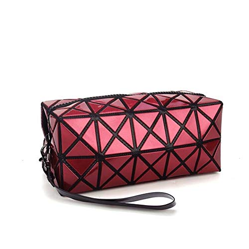 1 bolso plegable para mujer, con diseños de rombos, de piel sintética, en forma de cubo, para maquillaje o como bolso de mano Drak Red