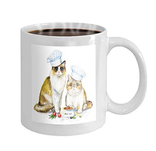 11 oz Coffee Mug Watercolor Card Two Cats Chef s caps Bowl Food Composition Vegetables Pencils Isolated White Novelty Ceramic Gifts Tea Cup