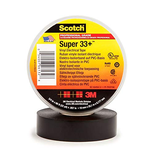 3M 06132 Scotch Super 33+ Cinta Eléctrica de Vinilo, 19 mm x 20 m, 1 Rollo, Negro