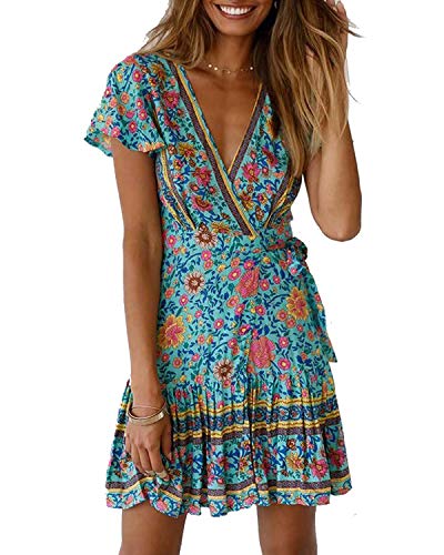 Abravo Mujer Vestido?Bohemio Corto Florales Nacional Verano Vestido Casual Magas Cortas Chic de Noche Playa Vacaciones,Azul,S