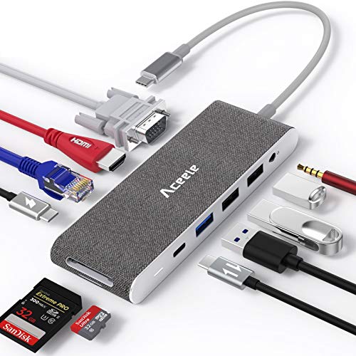 Aceele Hub USB C, 11-en-1 Adaptador USB C a HDMI VGA, 2 USB C (Datos & PD), USB 3.0/USB 2.0, RJ45 Ethernet, Lector de tarjetas SD/TF y Audio, Compatible con macbook pro/air, DELL XPS, Chromebook, etc.
