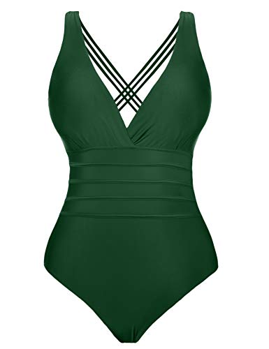Aibrou Bañadores Mujer 2020 Trajes de Baño de Una Pieza Correas traseras Vendaje Bañadores Sexys Cuello en V Profundo Playa Monokini, (Verde, XL)