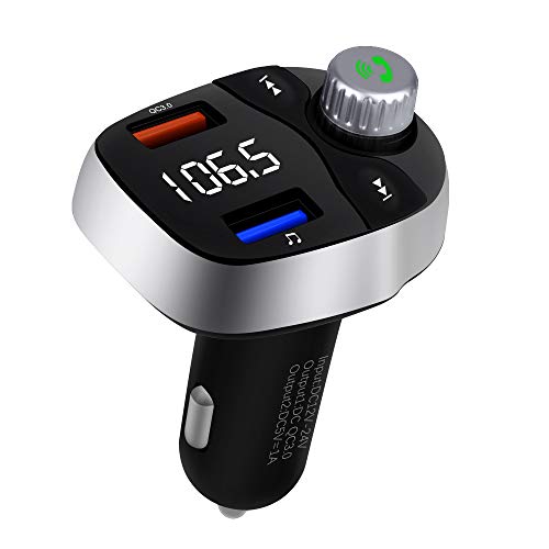 Aigoss Transmisor FM Bluetooth 5.0 con Quick Charge (QC3.0) Puerto USB, Reproductor de MP3 Manos Libres para Coche, Micrófono Incorporado