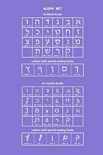 Aleph Bet: Purple Hebrew Notebook with Ivrit Alphabet table on back, 6x9 inch, blank lined interior, college ruled paper, no margins allow writing from both sides, perfect bound Soft Cover