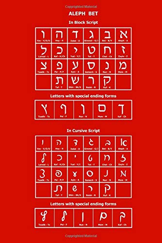 Aleph Bet: Red Hebrew Notebook with Ivrit Alphabet table on back, 6x9 inch, blank lined interior, college ruled paper, no margins allow writing from both sides, perfect bound Soft Cover