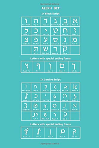Aleph Bet: Turquoise Hebrew Notebook with Ivrit Alphabet table on back, 6x9 inch, blank lined interior, college ruled paper, no margins allow writing from both sides, perfect bound Soft Cover