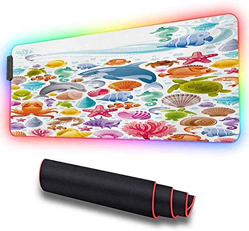Alfombrilla LED RGB para juegos, colección de animales marinos de buceo con alfombrilla LED extendida con base de goma antideslizante suave para teclado de computadora para MacBook, PC 600x350x30mm