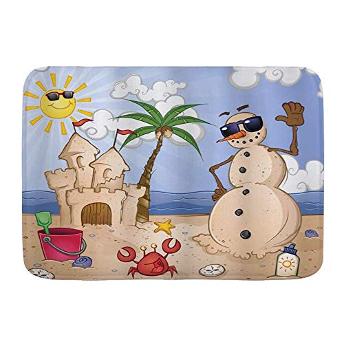 Alfombrillas de puerta, muñeco de nieve de arena con concha de cangrejo de castillo en la playa tropical disfrutando del sol con estampado de dibujos animados, alfombrilla de baño para el piso de la c