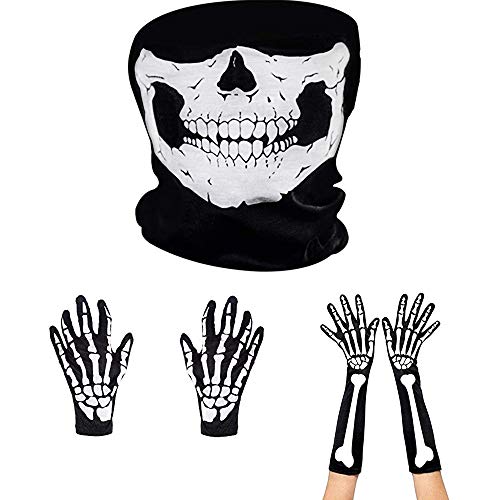 Amasawa Guantes de Esqueletos Blancos y Máscara de Cara de Calavera Huesos de Fantasmas para Adultos Halloween Fiesta de Disfraz de Danza