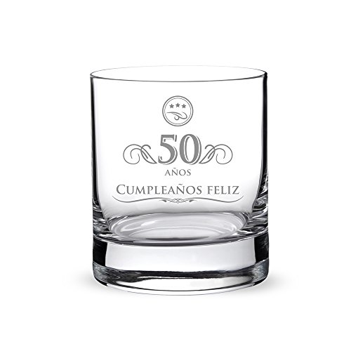 AMAVEL Vaso de Whisky para Hombres de Vidrio Grabado 50 Años Capacidad 320 ml