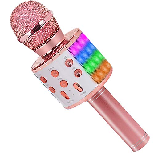 ASENTER Micrófono Inalámbrico Bluetooth Karaoke con luces LED,Infantil Portátil de mano Speaker Machine Birthday Home Party Compatible con Android/iOS/PC/AUX o Teléfono Inteligente (Oro Rosa)