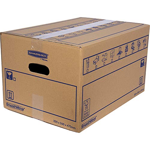 Bankers Box 6207201 Pack 10 Cajas de Cartón 47 x 26 x 32 cm con Asas para Mudanzas, Almacenaje y Transporte Ultraresistentes, Canal Doble Reforzado (Talla M+) 39 litros