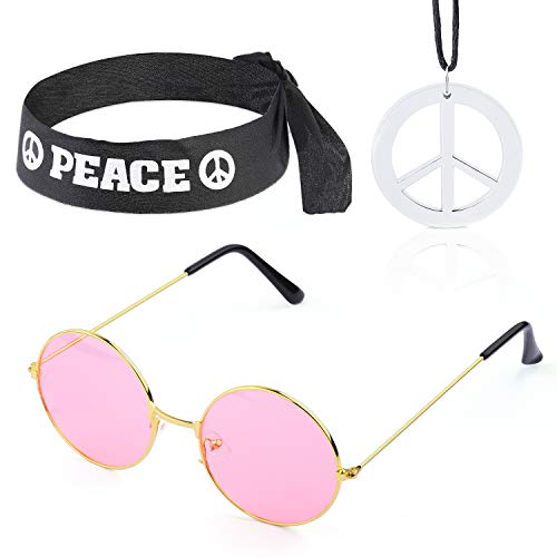 Beelittle Hippie Costume Set - Gafas Estilo círculo de los años 60 Collar de Signo de la Paz Diadema Hippie Kit de Accesorios para Fiesta de los años 60 (B)