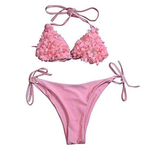 B/H Retro Ropa de baño Cintura Alta Braguita,Bikini Sexy de Color sólido, Traje de baño de Tres Puntos para Mujer-Pink_M,Empuja hacia Arriba los Trajes de Bikini