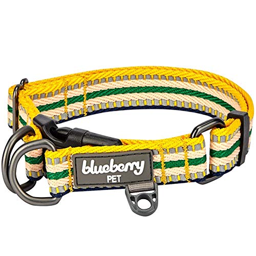 Blueberry Pet 3M Reflective Multi-Colored Stripe Yellow and Green Dog Collar, Neck 30cm-40cm, Small