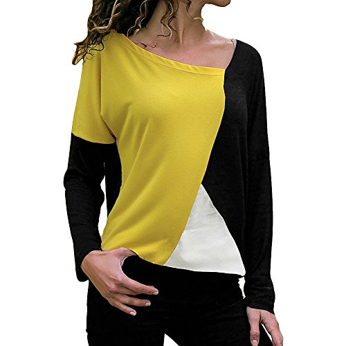 Blusa Moda Patchwork Casual para Mujer Sudadera con Capucha Tallas Grandes Color Block Tallas Grandes O-Neck Manga Larga Camiseta Tops Invierno Abrigos Liquidación de Venta SHOBDW (Amarillo,L)