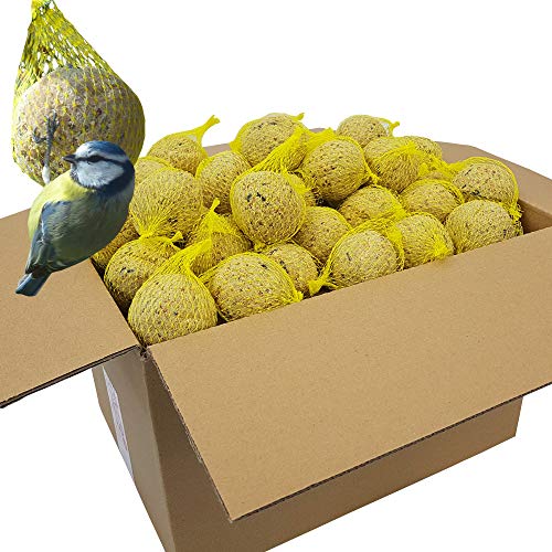 Bolas de grasa para pájaros - 80 bolas = 7,2 kg - Alimento natural con gran aporte energético para aves silvestres - Bolas de grasa con red individual para colgar