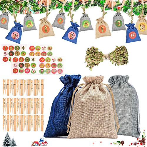 Bolsas de calendario de cuenta regresiva de Navidad,24 bolsas de tela navideñas,calendario de adviento sacos para llenar,Bolsas de yute navideño,bolsa de regalo de navidad