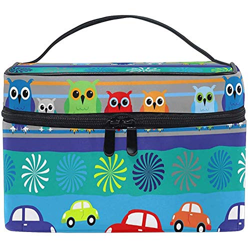 Bolsas de cosméticos Búhos de Dibujos Animados Boy Cars Rayas Azules Organizador de Maquillaje de Viaje Grande Bolsa de artículos de tocador Bolsa de Lavado 9x6.5x6.2 Pulgadas