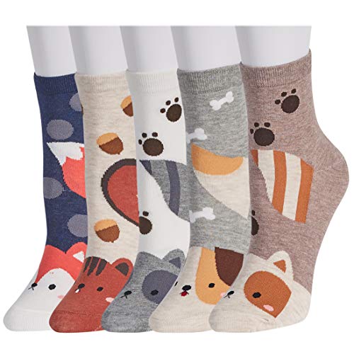 Calcetines casuales de dibujos animados lindos 5 pares - Novedad de algodón divertido Animal Crew Calcetines para mujeres y niñas