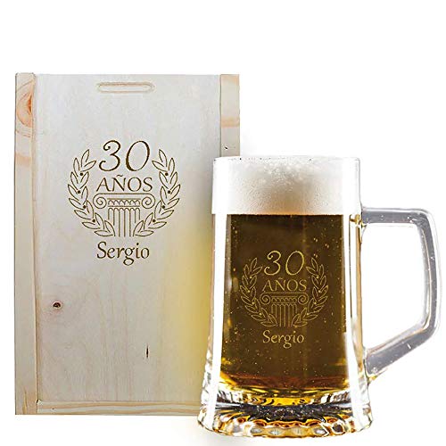 Calledelregalo Regalo de cumpleaños Personalizado: Jarra de Cerveza grabada con su Nombre y año de Nacimiento en Estuche de Madera también Grabado