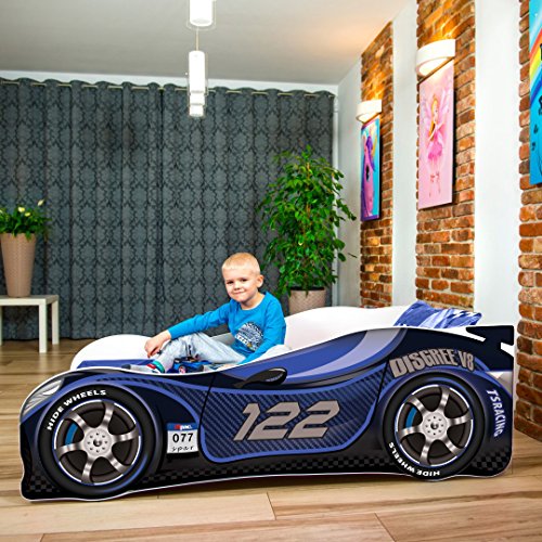 Cama infantil coche de carreras + somier (barandas) + colchón de espuma con cubierta (160 x 80 cm (3-8 años), navy 122)