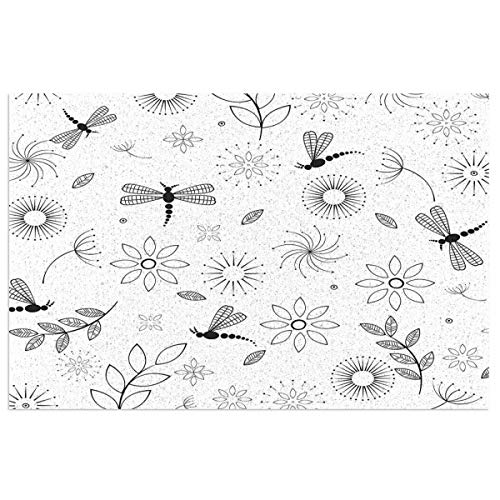 cap hat Dragonfly Indian Bohem Inspired Flying Butterfly Like Bugs and Flowers Dandelion Image Es Black and White PVC Door Mat 40x60cm Non-Slip Stain Fade Resistant Carpet