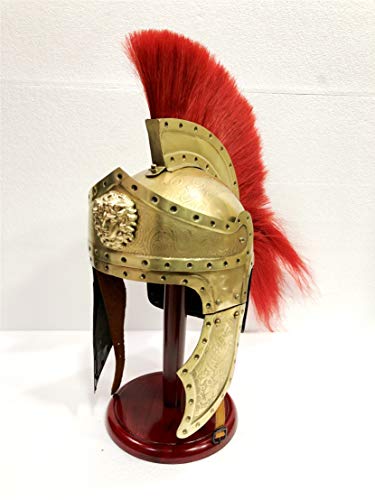 Casco antiguo medieval romano centurion vintage armadura rojo Crest-Plume Gladiador con soporte de madera