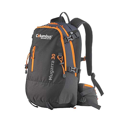 COLUMBUS Mochila Mugarra 30 Mochila de Senderismo Ajustable, con Flujo de Aire en la Espalda. Incluye Funda para la Lluvia. Capacidad 30 L en Color Negro con Detalles en Naranja