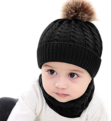 Conjunto de Bufanda y Sombrero de Punto Unisex Niños Niñas Invierno cálido Punto Beanie Gorros con Pompom Bufanda de Punto Cuello Redondo Bebé 0-3 Años (Negro)