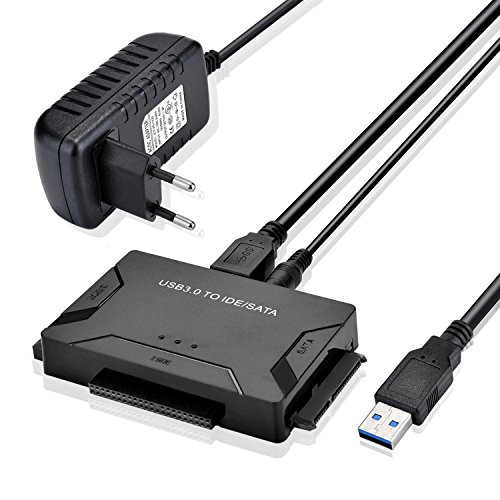 Convertidor AGPtek USB 3.0 a IDE/SATA, Adaptador de Disco Duro con Interruptor de Corriente para Discos Duros SATA/IDE/SSD 2.5"/3.5", Soporta 4TB, Incluye Adaptador de Corriente de 12V y Cable USB 3.0