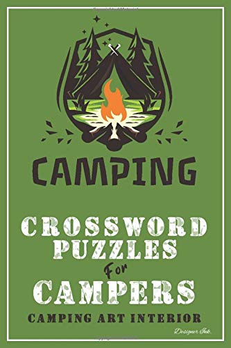 Crossword Puzzles for Campers: Camping Themed Art Interior. Fun, Easy to Hard Words. Green Campsite Sketch