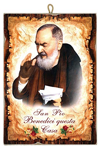 Cuadro de estilo vintage con el Padre Pio San Pio "Benedici Questa Casa" de colección con impresión láser sobre madera, fabricado en Italia