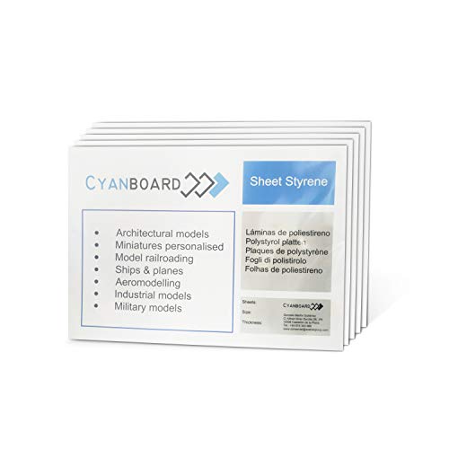 Cyanboard, Placas de Poliestireno Rígido PS: tamaño A5 (210mm x 148 mm). Plasticard para modelismo y maquetas. (1mm x 4 unidades)