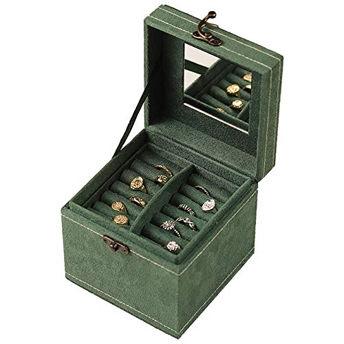 DAQIAO Caja de Joyas 3 Capas con Mango de Metal y Espejo Joyero de Viaje Cajas Joyero Pequeña Verde Vintage 12.3x12.3x12cm