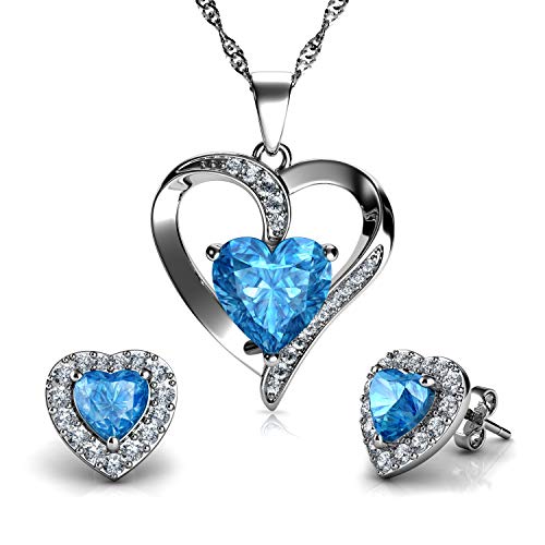 DEPHINI - Juego de collar y pendientes de corazón - Plata de ley 925 - Piedra natal - Pendientes y pendientes de cristal azul - Juego de joyería fina para mujer - circonita cúbica