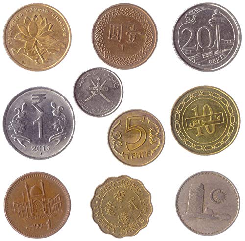 Diferentes Monedas de Todo el Mundo. Juegos de Monedas extranjeras Reales para coleccionistas de Monedas, 10 Monedas de Asia, EURASIA, AFROASIA