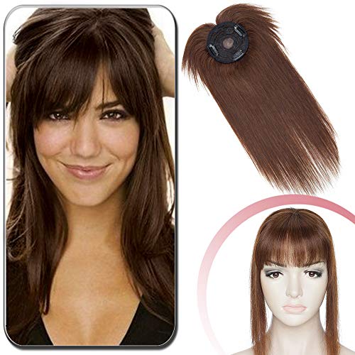 Elailite Flequillo Protesis Capilares Mujer Pelo Natural Clip Extensiones Hair Topper Toupee Base 8.5cm*8.5cm Remy Cabello Humano Largo 25cm (32g) #04 Castaño Medio