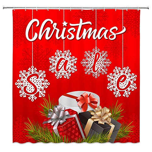 EnvyPet Merry Christmas Shower Curtain White Snowflake Hung On Rope Happy New Year Boxs Green Pine Leaves Fantastic Xmas Holiday Kid Family Fabric Bathroom Curtain Set 71x71 Inch with Hooks,Red…