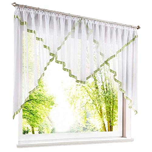 ESLIR Visillo con cinta fruncida, cortina de cocina, cortina de bistró, transparente, cortinas con cinta de satén, color verde, alto x ancho 145 x 450 cm, 1 pieza