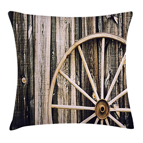 Funda de cojín de madera con diseño de vagón de granero y puerta de granero de madera, estilo vintage, con ruedas oxidadas rústicas, decoración cuadrada, 45,7 x 45,7 cm, color negro y marrón claro Funda de cojín de madera con diseño de vagón de granero y puerta de granero de madera, estilo vintage, con ruedas oxidadas rústicas, decoración cuadrada, 45,7 x 45,7 cm, color negro y marrón claro