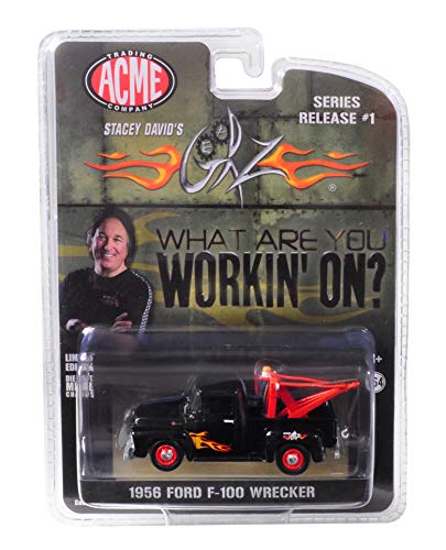 Greenlight 1956 Ford F-100 Wrecker Tow Truck Black with Flames (Stacey David's GearZ) What Are You Working on? 1/64 Diecast Model Car by for Acme