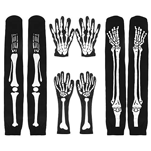 Guantes de esqueleto blancos, 2 juegos de guantes de esqueleto de Halloween, guantes de calavera, guantes de hueso y calcetines de esqueleto para fiesta de disfraces de baile de Halloween para adultos