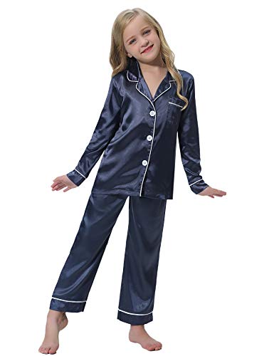 Hawiton niña Conjunto de Pijama de satén de Seda con Botones 2-11 años, Camiseta de Manga Larga y pantalón Largo 2 Piezas Ropa de Dormir, con 3 Bolsillos