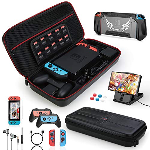 HEYSTOP Funda para Nintendo Switch, 16 in 1 Accesorios Nintendo Switch con Carcasa de TPU+Joy-Con Mandos+Protector de Pantalla+Soporte regulable+Cable USB+Auriculares+Funda Comfort Grip+6 Pulgar Grips